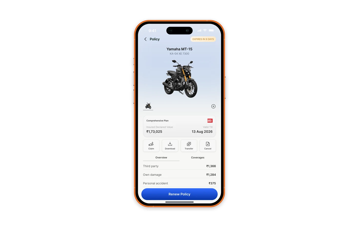 Bike insurance policy screen with a Yamaha motorcycle, coverage details and a Renew Policy button.