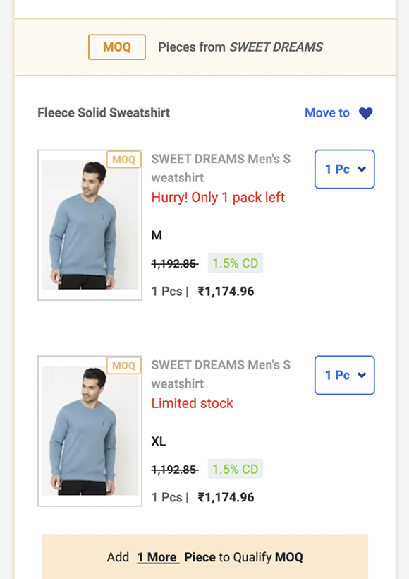 Before: the minimum-order maths only appeared in the cart, after the deciding