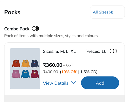 Combo: multiple sizes, styles and colours
