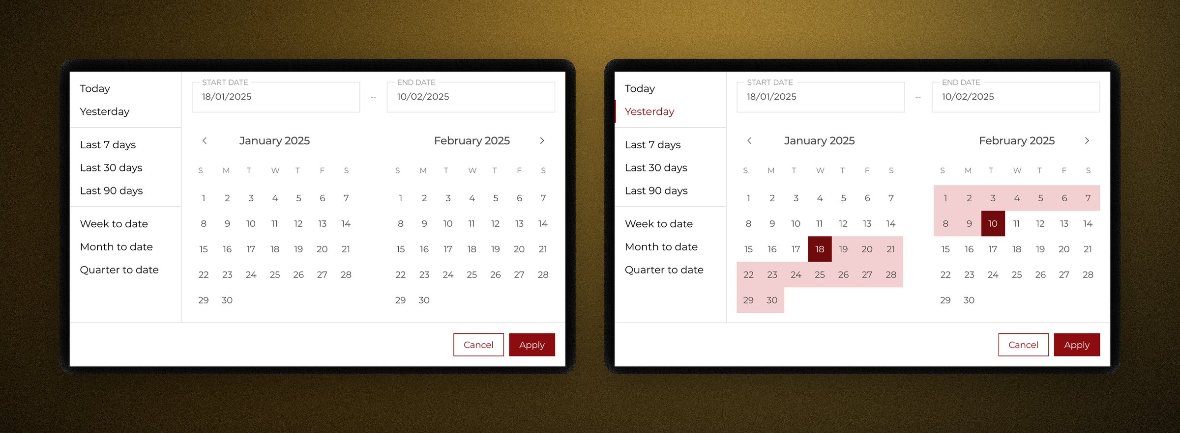 The range picker at rest and mid-selection: presets on the left match how questions are actually phrased in reviews.