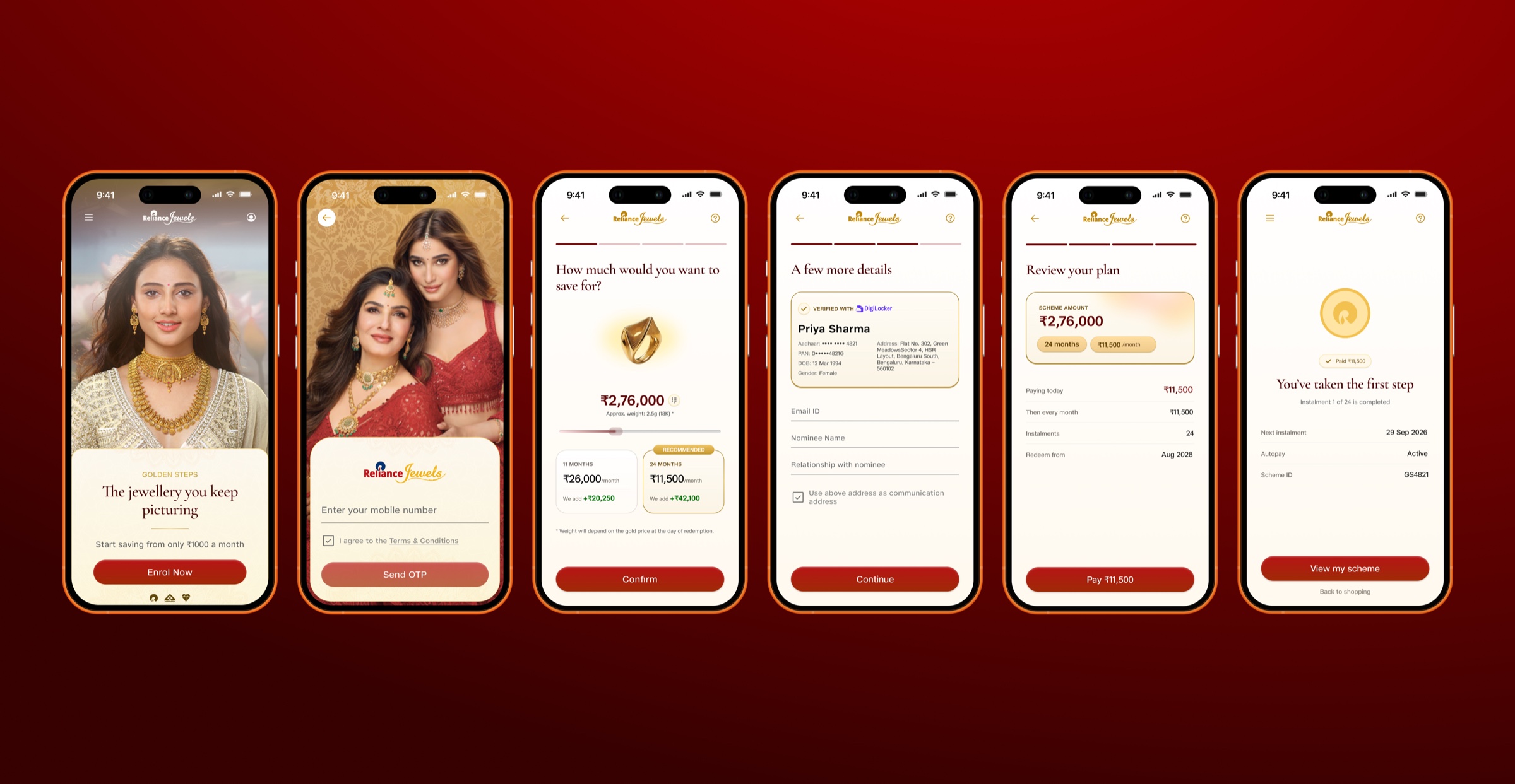 The online enrolment end to end: the pitch, sign in by mobile, choose the amount and the duration, identity from DigiLocker and a nominee, review the plan, first instalment paid.