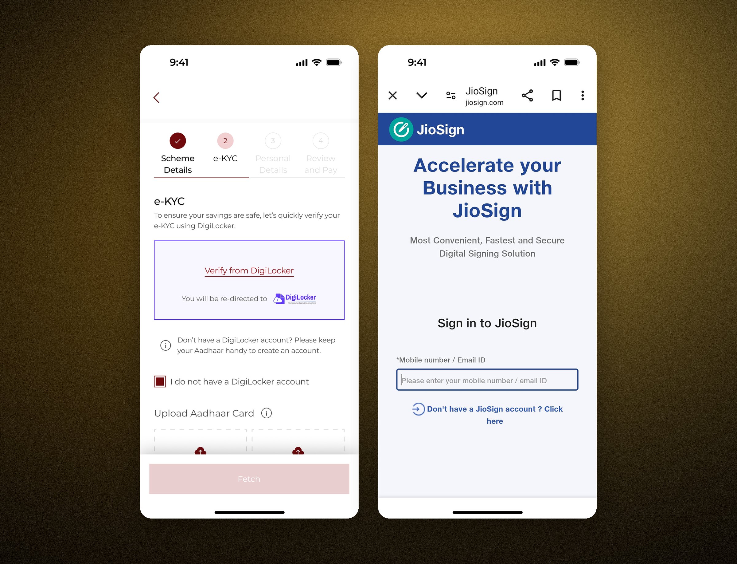 The two handoffs out of our own product. The identity step names DigiLocker and shows its logo before it sends you there, and tells you to keep your Aadhaar handy if you do not have an account.