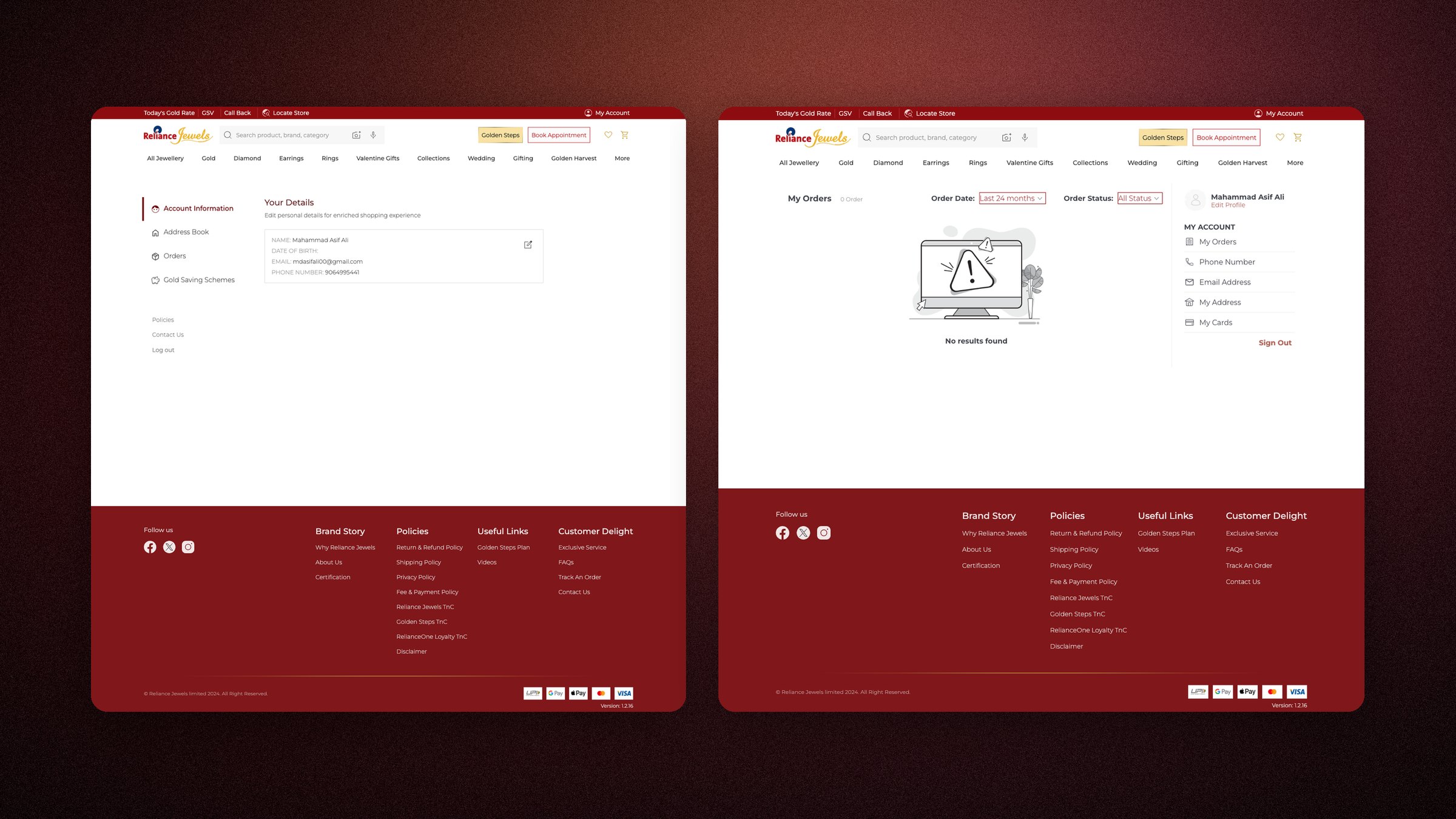 Two My Account layouts, live at the same time on the same site. Drift, not design.