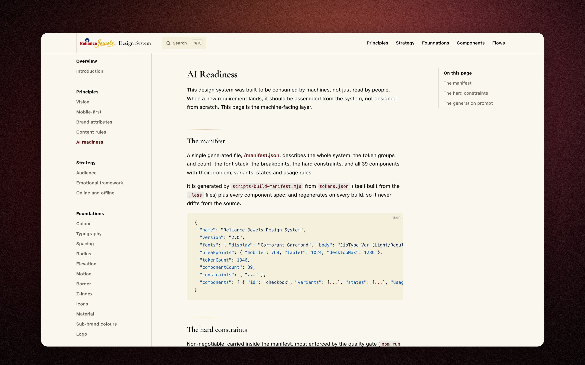The machine-facing layer is a page on the same site: the generated manifest with the live token and component counts, the constraints and the generation prompt.