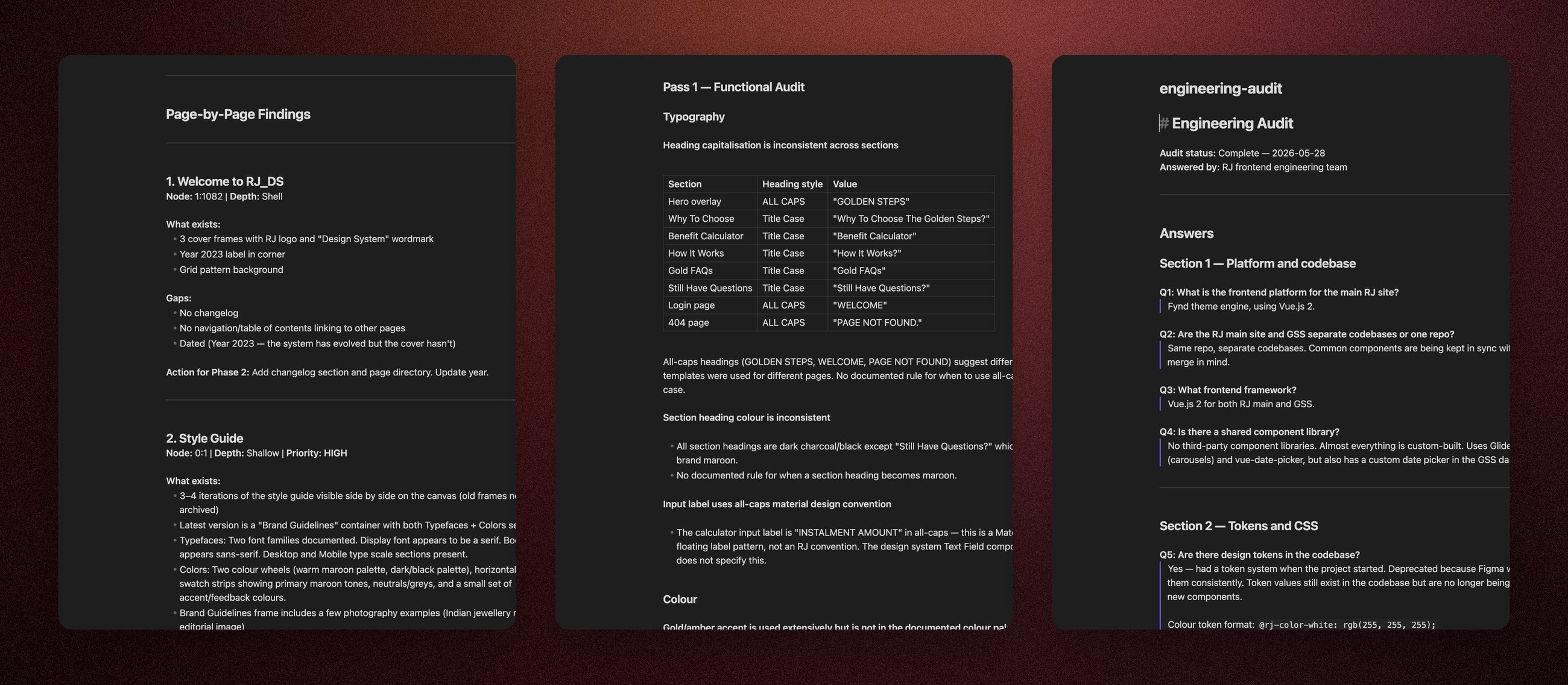 The audit documents as written: page-by-page Figma findings, the two-pass product audit, and the engineering Q&A the RJ frontend team answered.
