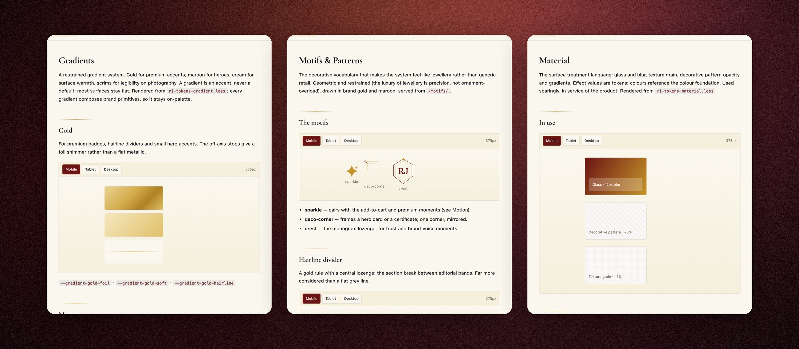 The depth layer on the docs site: the restrained gradient system, the motif vocabulary and the material treatments, each rendered from its token file.