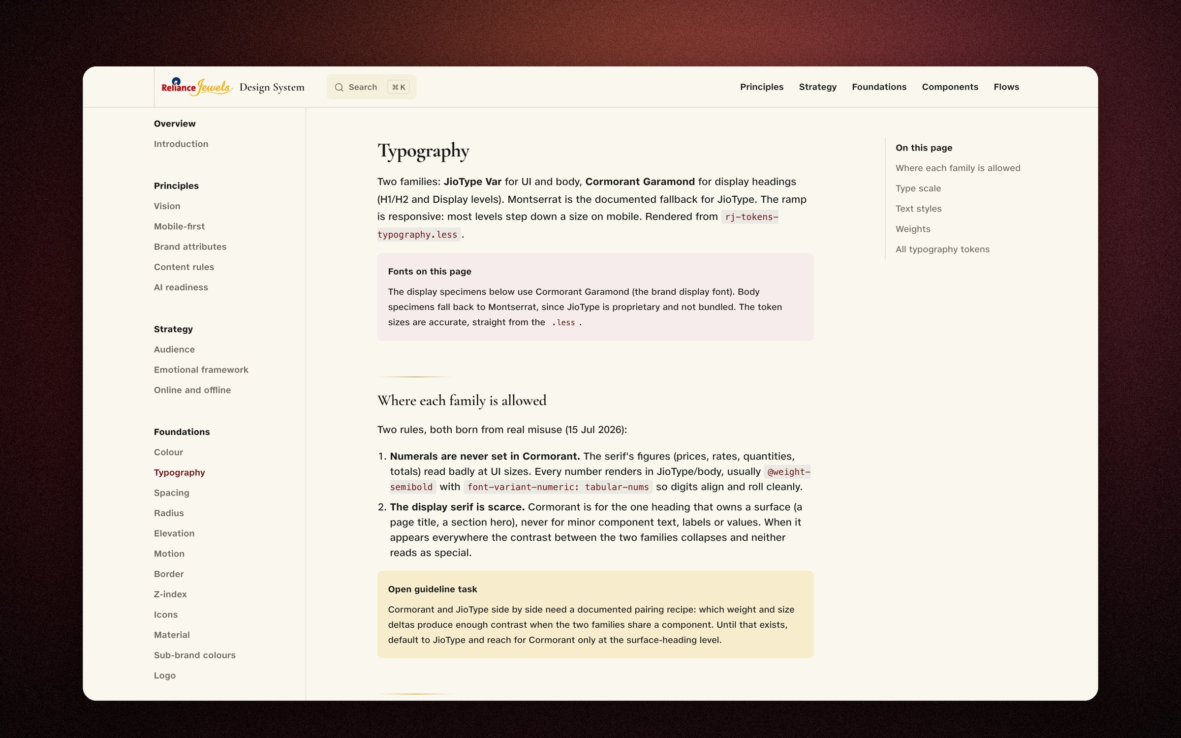 The pairing and its rules on the live docs site: where each family is allowed, and why every number is set in the sans.