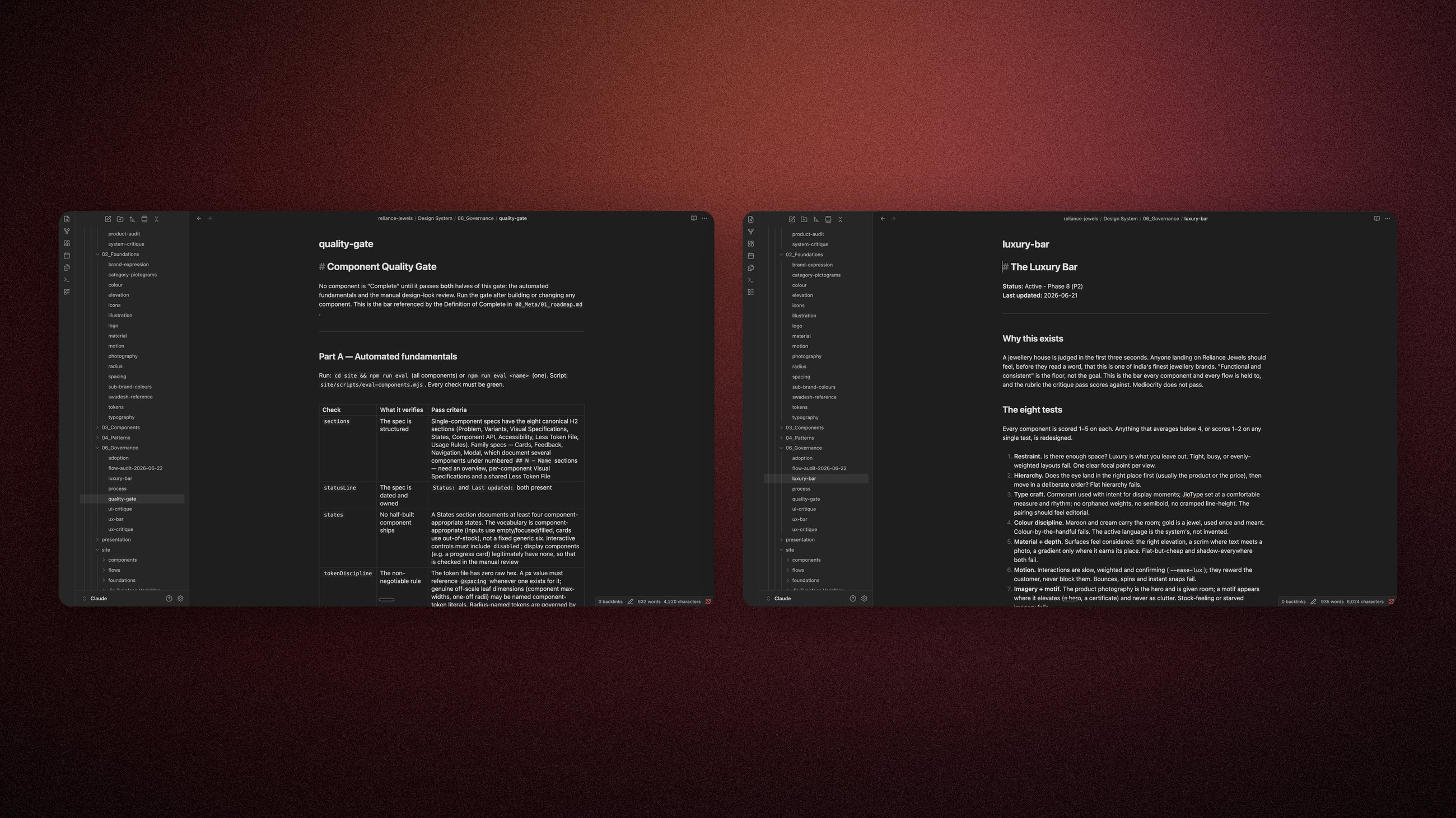 The bars as written: the quality gate spec and the luxury bar's eight tests, straight from the governance folder.
