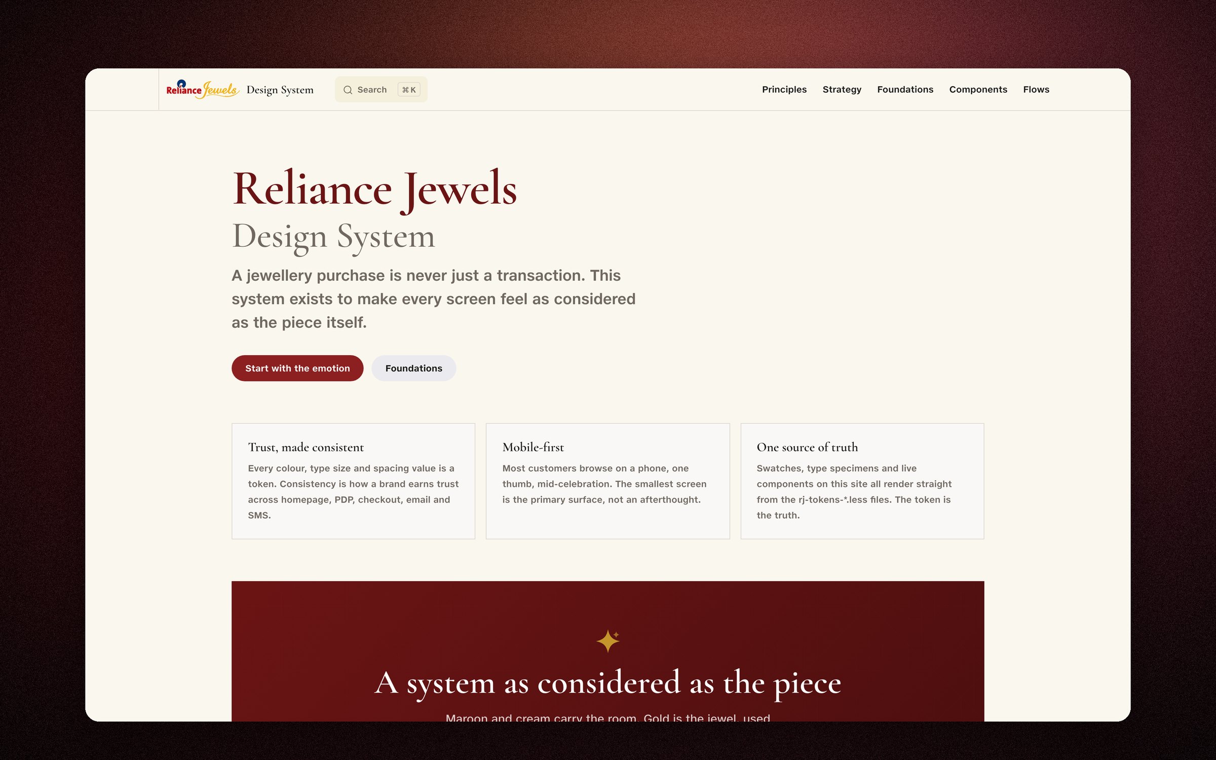The live documentation site. Every swatch, specimen and component on it renders from the .less token files.