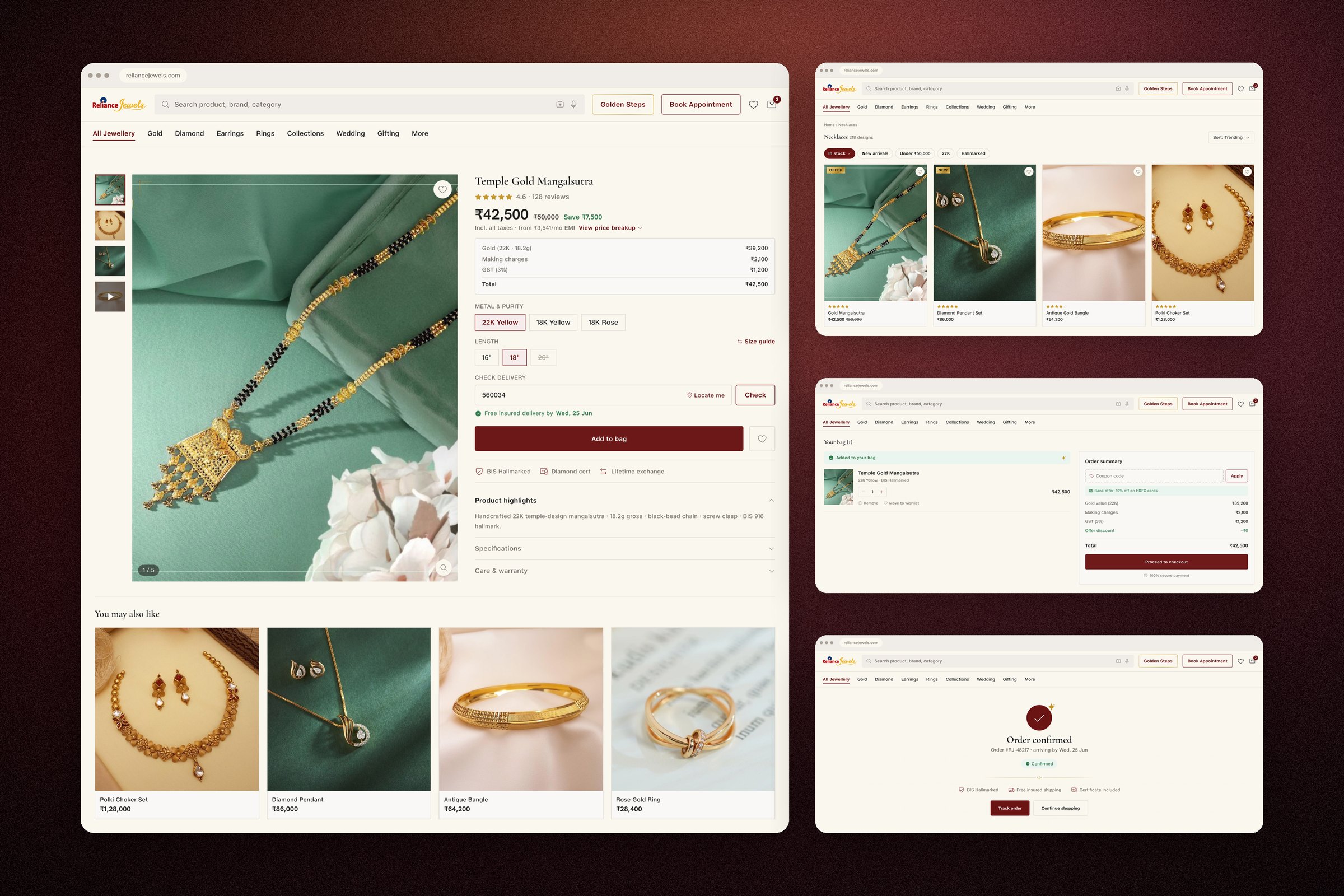 The purchase journey end to end: the listing, the full product page with price breakup and delivery check, the bag and the confirmation. Composed from system parts, nothing improvised.