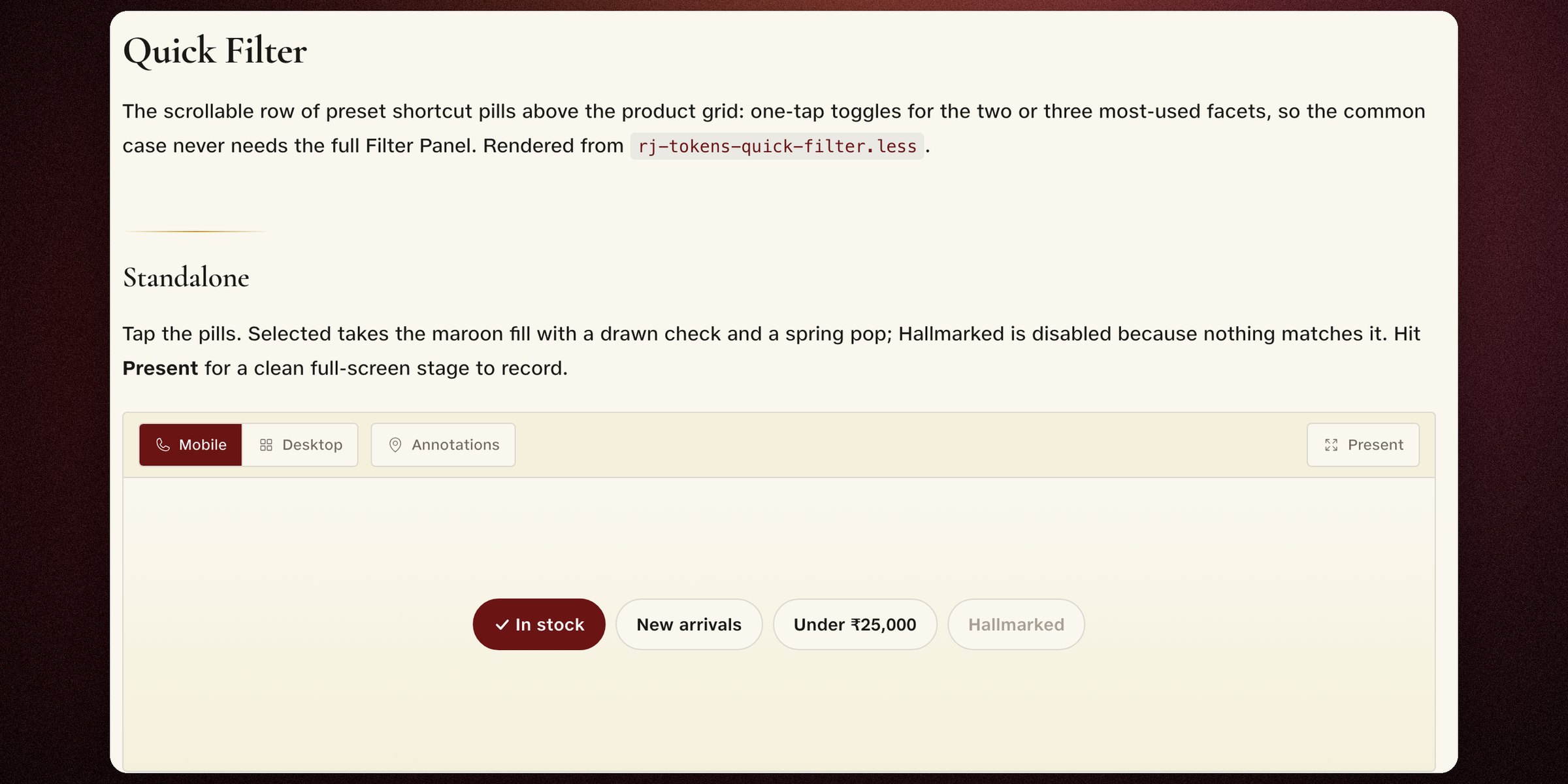 The quick filter live on the docs site: selected takes the maroon fill with a drawn check. Hallmarked is disabled because nothing matches it.