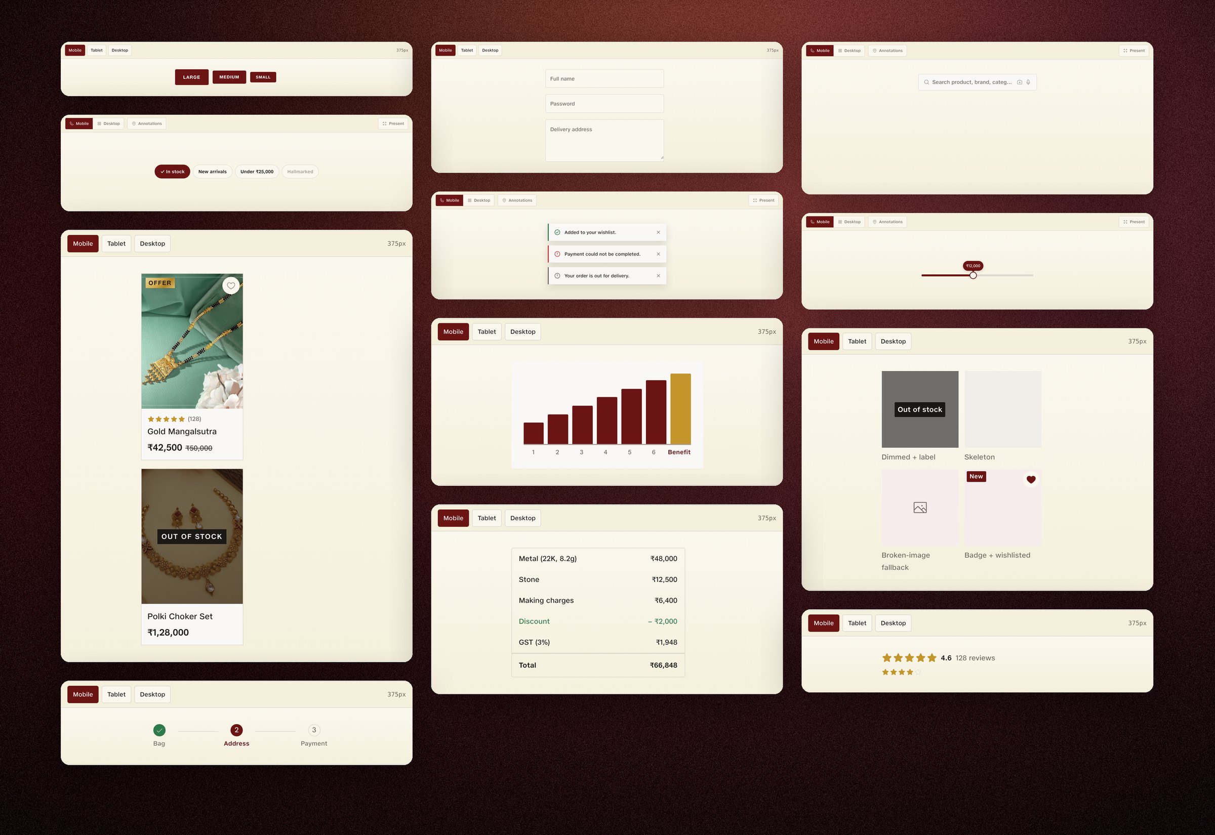 Twelve of the 45, exactly as they render on the live docs site: buttons, inputs, search, filters, toasts, the slider, cards, the GSS chart, product-card states, the price breakup, ratings, the checkout stepper.