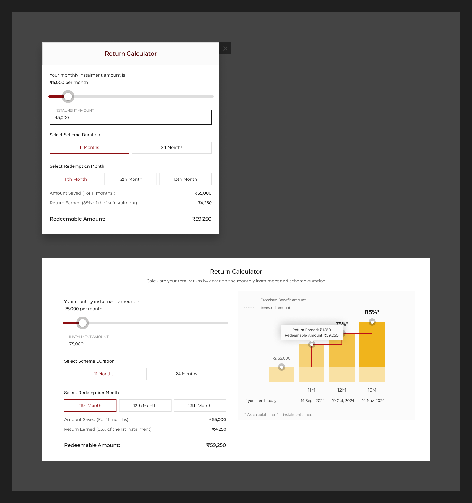 The second growth engine, mid-drift: the Gold Savings calculator as it shipped, a bank form with a default browser slider